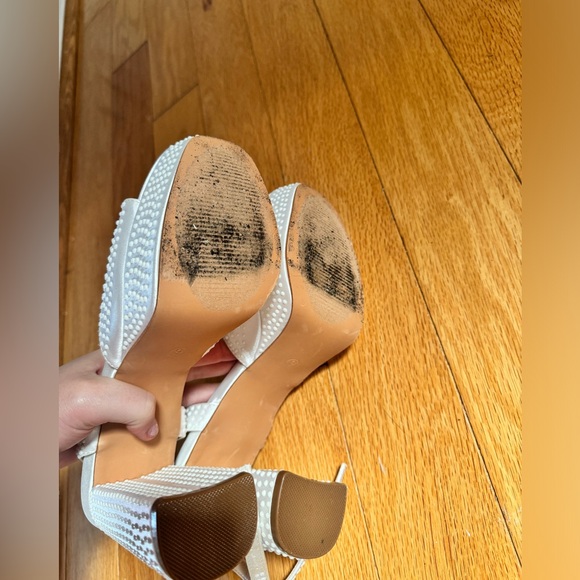 Lulus white satin pearl platform ankle strap high heel sandals size 9 - Picture 6 of 6